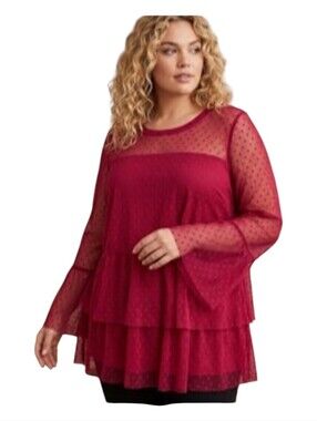 Lane Bryant Red Swiss Dot Mesh Layered Blouse Bell Sleeve Size 22/24